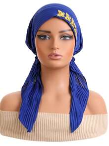 1pc Crinkle Solid Color Turban Hijab With Gold Rhinestone Decor, Stretchy Pre-Tied Head Scarf For Muslim Women, Instant Head Wrap Cap - A - View 4