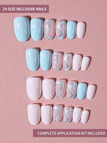 24pcs Light Blue Sequin Patchwork Short Oval Acrylic Nail Tips, Includes 1pc Jelly Glue And 1pc Nail File Nails - Multicolor - View 2