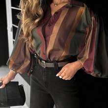 Camisa casual de mujer con bloques de color | Diseño retro a rayas + manga farol, estilizador y favorecedor, blusa transparente vintage que se ve increíble | El diseño a rayas con bloques de color agrega sofisticación, excelente para ir al trabajo y citas, vacaciones, primavera - rayas azules y marrones - Ver 3