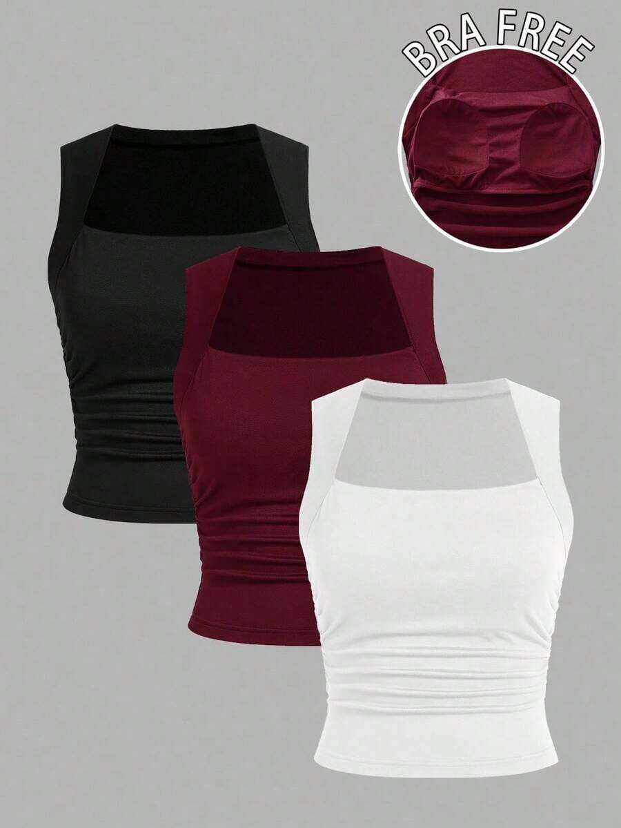 3 piezas Camiseta de tirantes con cuello de pico, cintura fruncida, estilo minimalista y casual, sexy, adecuada para uso en verano y en el aeropuerto - Blanco - Ver 1