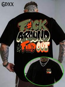 Plus Size Vintage Washed T-Shirt, F#Ck Around And Find Out Casual Vacation Graphic T-Shirt, Loose Fit, 230g Pure Cotton Men's T-Shirt, A Surprise Gift, Streetwear - Black - View 1