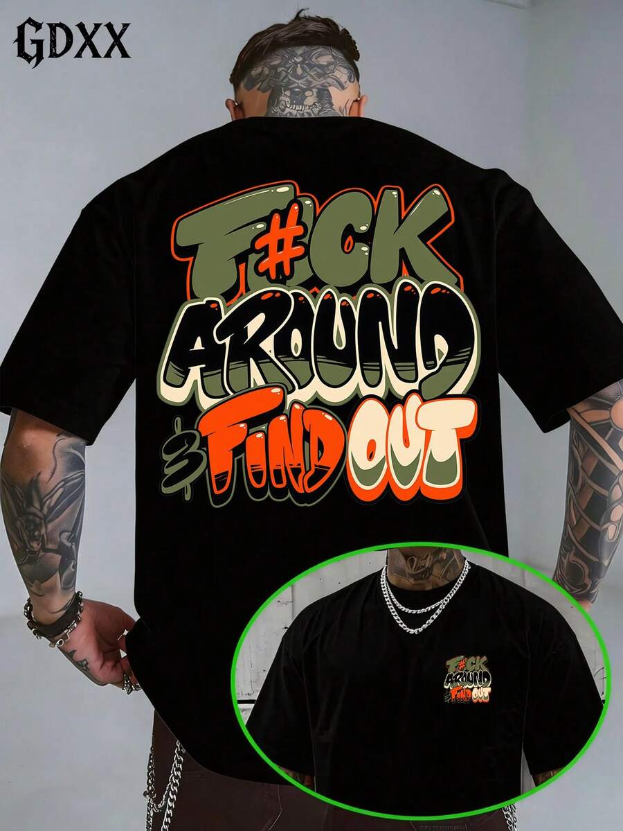 Plus Size Vintage Washed T-Shirt, F#Ck Around And Find Out Casual Vacation Graphic T-Shirt, Loose Fit, 230g Pure Cotton Men's T-Shirt, A Surprise Gift, Streetwear - Black - View 1