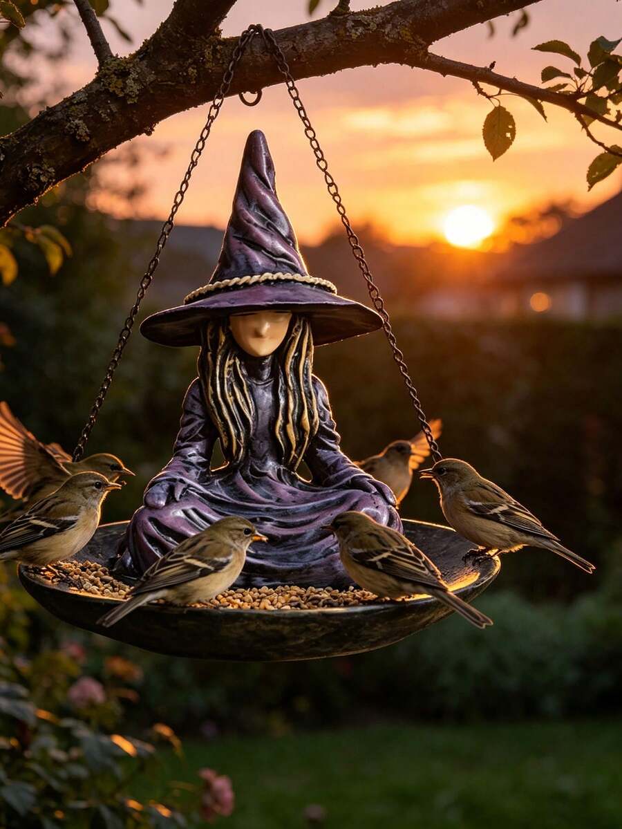 Máng cho chim ăn hình phù thủy ngồi, tượng phù thủy ngồi bằng nhựa, bát tắm chim treo, tượng phù thủy màu tím cổ điển trang trí sân vườn, máng cho chim ăn ngoài trời chống chịu thời tiết, quà tặng trang trí nhà cửa - A - Xem 1