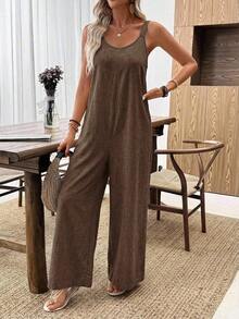 Mono ancho de pierna suelta de unicolor caqui para mujer, mono informal, mono de pierna ancha, mono para vacaciones, mono informal para mujer - Marrón - Ver 3