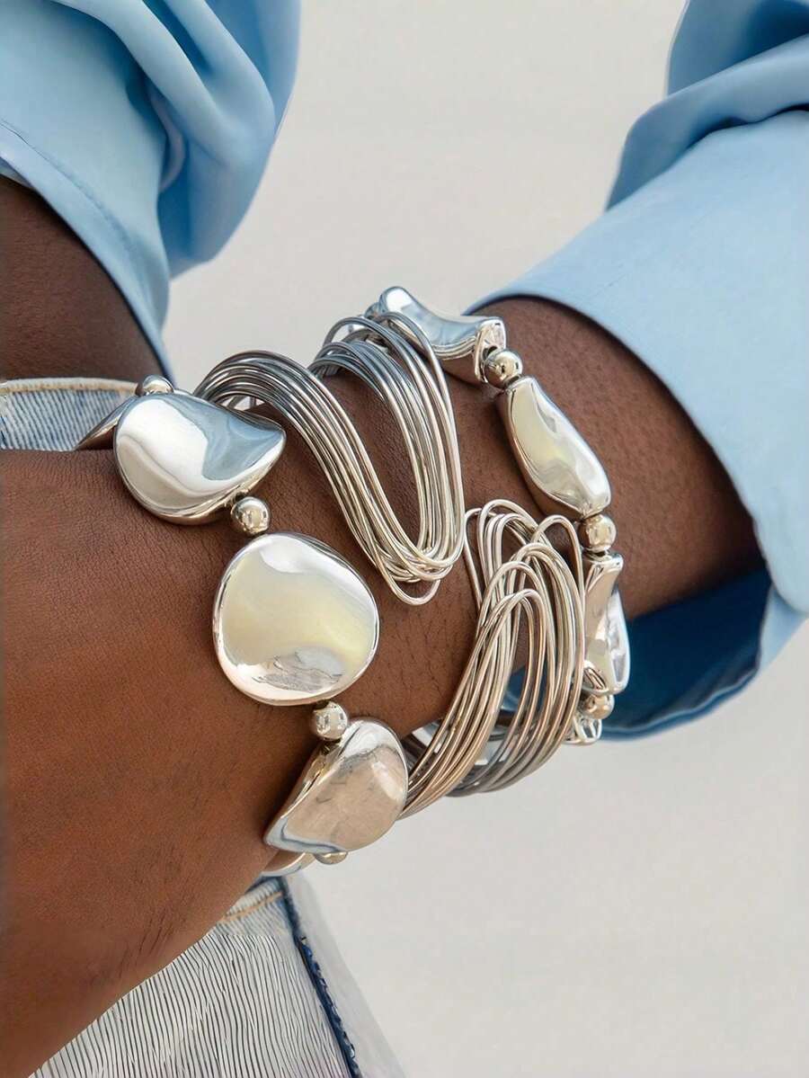 3pcs Fashionable Exaggerated Open Metal Bangle Set, CCB Bracelets, Suitable For Daily Life, Parties, Gifts For Friends - Silver Wire Bracelet - View 1