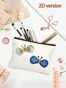 2D手工蝴蝶刺繡化妝包，可愛帆布拉鍊化妝袋，便攜式旅行盥洗包，多功能零錢包，口紅與耳機收納袋，多色可選，精美日常手拿包，適合女性與蝴蝶愛好者的理想禮物，適用於旅行、上學與日常使用（非3D設計） - 彩色 - 查看 5
