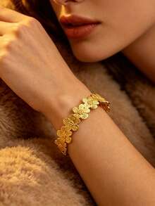 2PCS/1pc Minimalist Fashion Natural Elegant Style Plumeria/Asymmetrical Lava Bracelet Design Stainless Steel Women's Bracelet Suitable For Women's Daily Wear/Party/Commute/Dinner/Afternoon Tea/Can Be Given As A Holiday Gift To Friends - Yellow Gold - View 6
