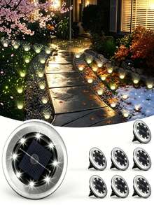 Conjunto de 4/8/10 focos solares para paisaje, luces de jardín LED de acero inoxidable para exteriores, luces solares de sendero impermeables de 8 LED que emiten una luz blanca suave y hermosa, adecuadas como regalo para fiestas. Apropiadas para patios, céspedes, caminos y campamentos, agregando un toque soñador a su jardín. - redondo - Ver 2