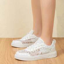 2026 New Spring/Summer Floral Lace Hollow Women's Casual Sneakers, Lightweight Breathable Sporty Shoes,Fashion Skateboard ShoesSoft Sole Running Shoes - 品質白 - 查看 3