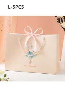 1/5PCSins Floral Print Gift Tote Bags, Pink Bow Favor Bags, Multiple Sizes Holiday Gift Packaging Paper Bags - Multicolor - View 12