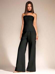 Set de 2 piezas para mujer con top sin mangas de cuello de halter y pantalones largos para el verano, estética de oficina y uso diario - Negro - Ver 12