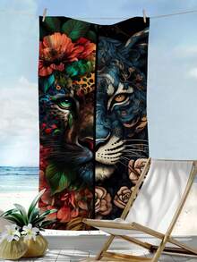 Vintage Tiger & Leopard Floral Pattern Beach Towel, Extra Large Absorbent Quick Dry Beach Wrap, Versatile Shawl For Beach Photography & Sun Protection - A - View 12
