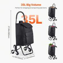 Foldable Shopping Trolley, 450x350x965mm, 6-Wheeled Stair-Climbing Hand Truck, Oxford Fabric Storage Bag, For Shopping, Office, Moving, Transport, Outdoor Use, Laundry, Black - Einkaufsstil Schwarz 110lbs EVA 6 Räder Legierter Stahl - View 4
