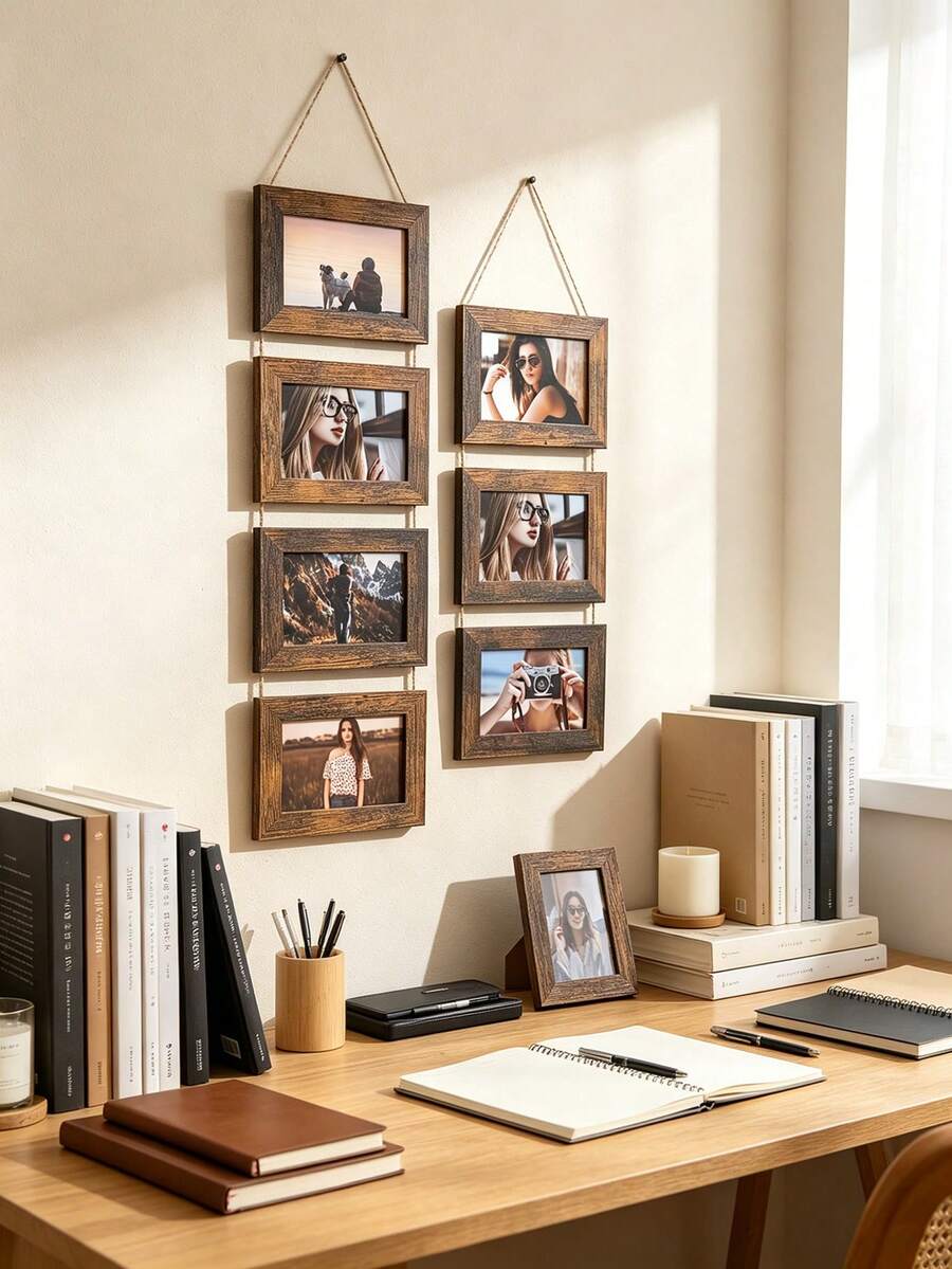 1pc Vintage Wooden Wall-Mounted Photo Frame Collage, Rustic Multi-Photo Frame, 6-Inch Family Photo Display, Vintage Wooden Frame With Jute Rope, Suitable For Living Room, Bedroom, Dormitory Wall Decor Art - Wall-mounted Photo Frame - View 1