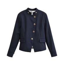 ZAHM Mantel Crop Kerah Tegak Navy dengan Kancing Emas Vintage dan Pinggang Pas Badan - Navy Blue - View 7