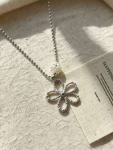 Korean Style Metal Beaded Pearl Flower Long Hollow Flower Pendant Necklace, Lightweight Luxury Sweater Chain For Women - Silver - View 8