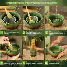 Kit de Té Matcha Tradicional - Juego Completo Con Batidor, Tazón de Cerámica Hecho a Mano, Soporte, Cuchara - Ceremonia de Té Japonés 9 Piezas (Verde) - Verde - Ver 7