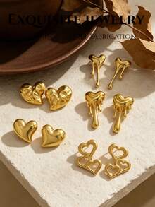 12 Pieces / 6 Pairs Of Heart-Shaped Series Gold Earrings. There Are Various Styles Such As Hammered Heart Shape, Smooth Three-Dimensional Shape, Pleated Heart Shape, Hollow Double Heart Shape, And Melting Heart Shape. - Stainless Steel Set - View 3