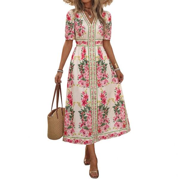 Boho Floral Print Midi Dress, V Neck Short Sleeve A Line Casual Summer Beach Dresses With Elastic Waist, Vintage Flowy Long Maxi Sundress For Holiday