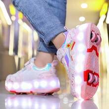 女款 LED 多閃快滑四季滾輪溜冰鞋，可拆卸輪子舒適時尚星星女孩印花運動休閒鞋 - 粉色 - 查看 6