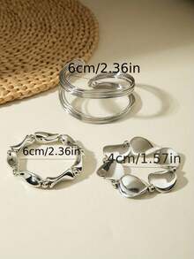 3pcs Fashionable Exaggerated Open Metal Bangle Set, CCB Bracelets, Suitable For Daily Life, Parties, Gifts For Friends - Silver Wire Bracelet - View 2