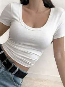Camiseta casual de verano para mujer con cuello redondo y mangas cortas de color contrastante - Blanco 5 - Ver 2