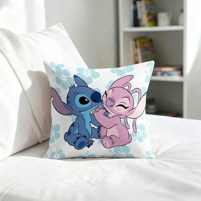 Vỏ gối trang trí Disney Lilo & Stitch, họa tiết hoa dâm bụt dễ thương, hình Stitch và thiên thần đang ôm nhau, màu trắng mềm mại, hình vuông, thích hợp cho phòng ngủ trẻ em, ghế sofa.