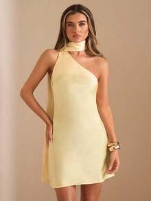 Vestido mini de satén elegante con hombros asimétricos y espalda descubierta en unicolor amarillo crema, vestido mini elegante con estampado, vestido mini sexy con espalda descubierta, vestido mini de satén amarillo con espalda descubierta, vestido de satén elegante con espalda descubierta para invitada de boda, vestido largo de dama de honor de satén, vestido mini elegante para cóctel - Rojo - Ver 11