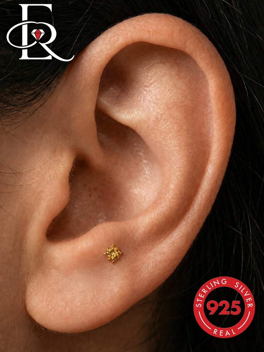 EleRunis 1 Peça Joia Fina de Uso Diário em Prata Esterlina 925 com Desenho Espiralado de Estrela para Cartilagem, Hélice, Piercing Rosqueado, para Casamento, Festa, Noivado, Aniversário, Dia dos Namorados - Dourado - Visão 1