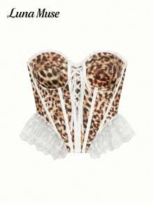 Luna Muse Top Corsé Vintage con Estampado de Leopardo para Mujer Primavera/Verano, Bustier Ajustado con Volantes y Cordones, Top Corto Sexy Estilo Y2K Coquette con Estampado de Guepardo, Top Tubo sin Tirantes Ajustado, Adecuado para Fiestas, Festivales de Música, Discotecas, Día de San Valentín, Halloween y Otras Ocasiones - Blanco - Ver 6