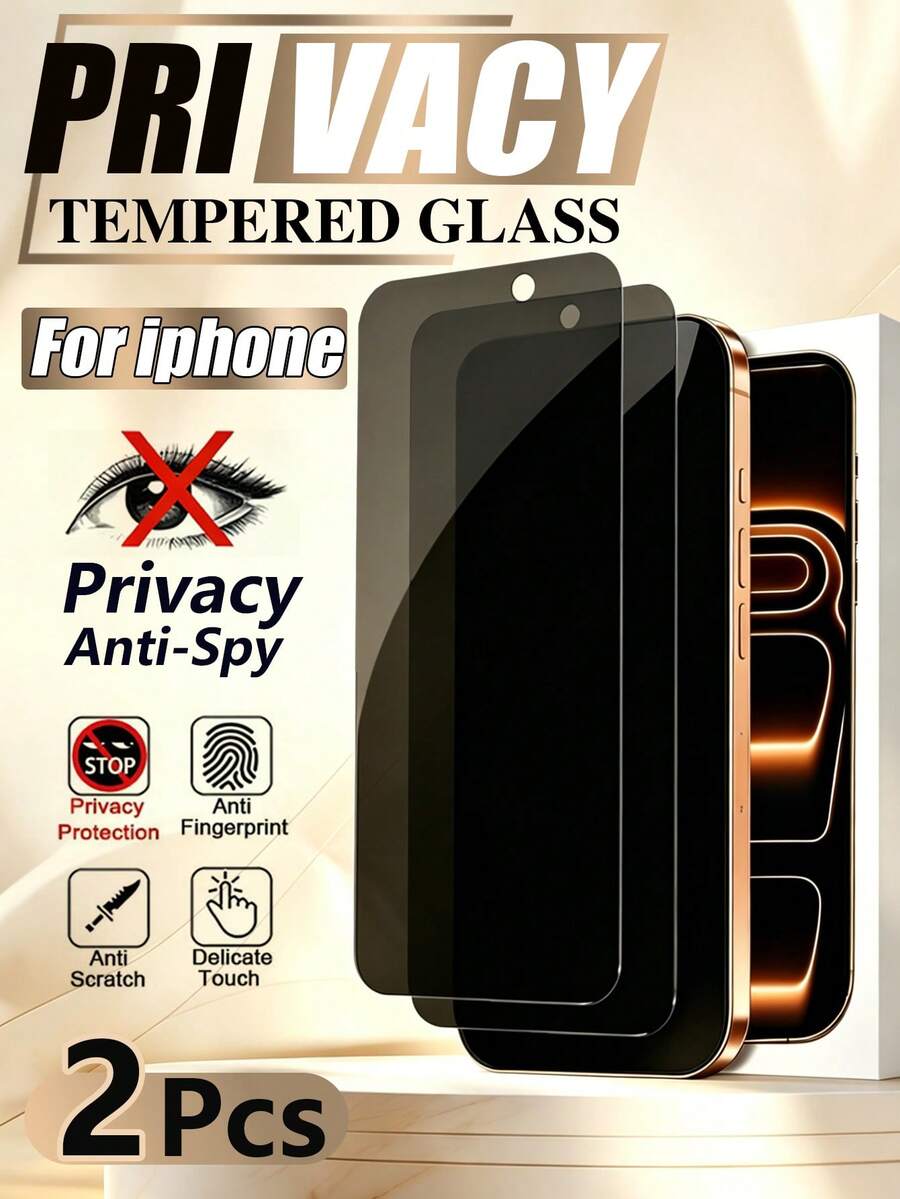 MIGAE 2pcs - 17 Pro Max Anti-Peeping Screen Protector, Anti-Scratch Tempered Glass, Full Coverage, Compatible With IPhone 17/16/15/14/13/12/11 Pro Max/XR/X/XS Max Plus, Anti-Fingerprint Screen Protector, Phone Accessories, Suitable For Phone Cases - Black - View 1