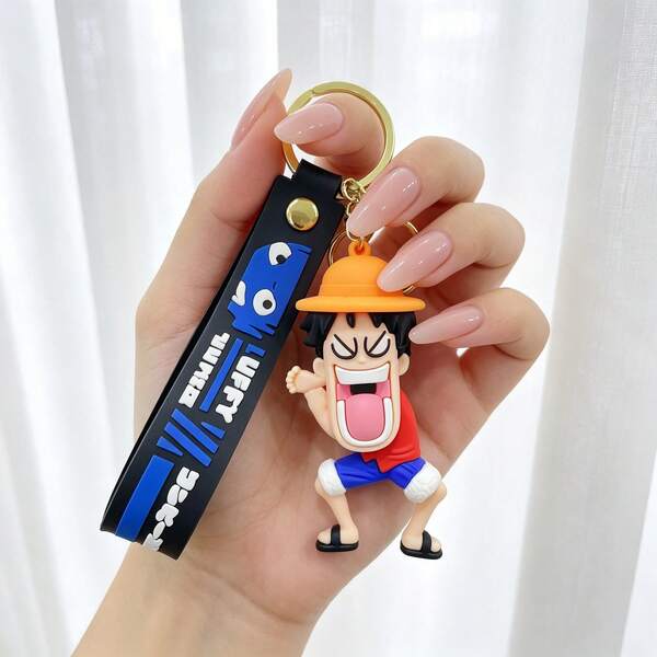 MINISO One Piece Monkey D. Luffy Character Sleutelhanger, Schattige Anime Mini Figuur Tas Charm met Zwarte Naam Band & Goudkleurige Ring, Rugzak Tas Accessoire Cadeau
