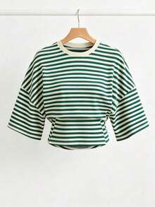 Camiseta casual de verano para mujer con cuello redondo, mangas medianas, rayas y cintura con cordón - Verde - Ver 1