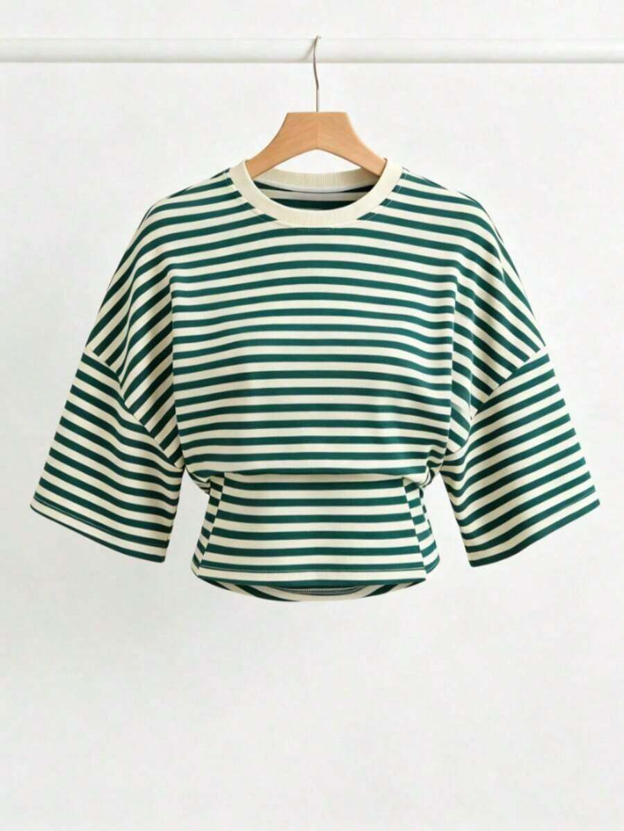 Camiseta casual de verano para mujer con cuello redondo, mangas medianas, rayas y cintura con cordón - Verde - Ver 1