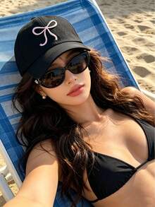 1 chiếc mũ lưỡi trai cotton giặt mềm, mũ dad hat thêu nơ vành cong, mũ chống nắng ngoài trời cho nữ, phụ kiện thường ngày mùa xuân hè - Nhiều màu - Xem 2