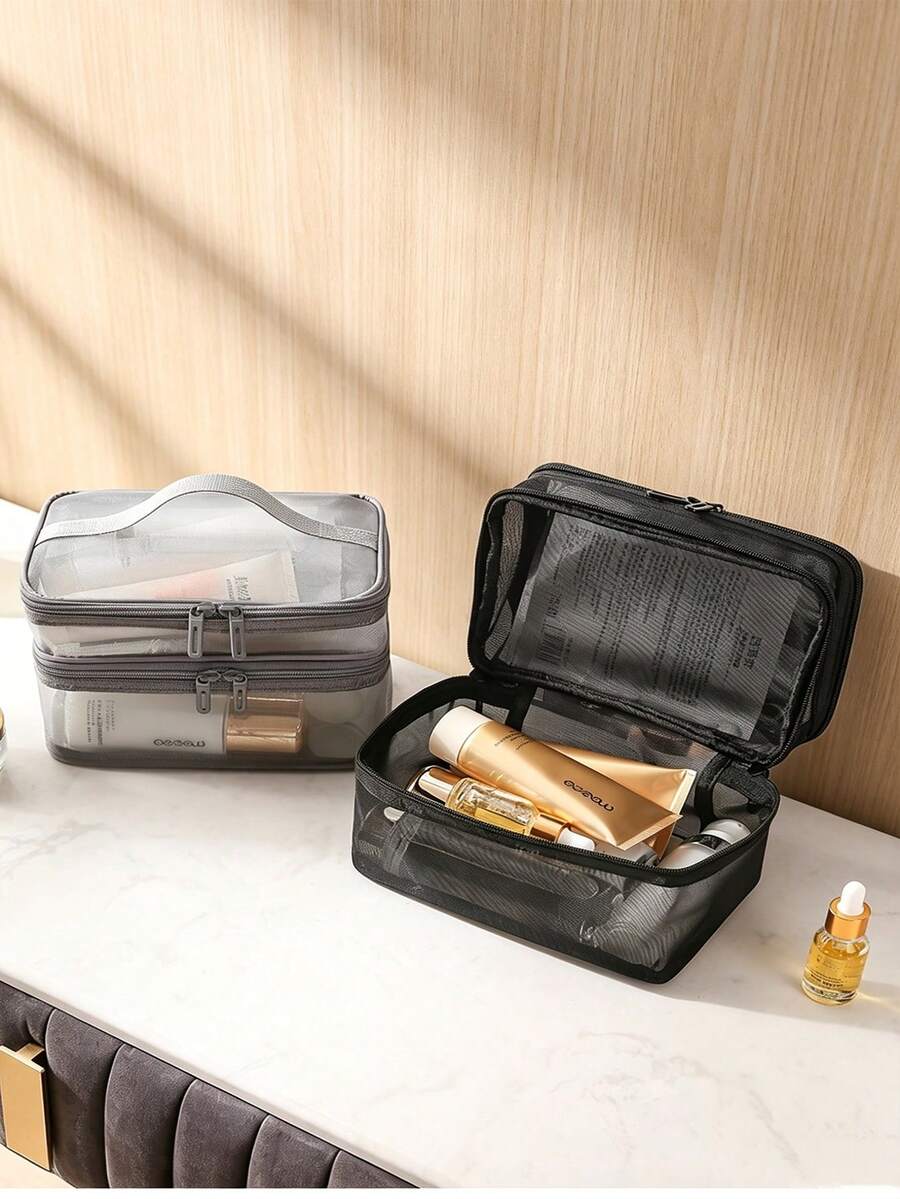 1pc Makeup Bag Handheld Single/Double/Triple Layer Mesh Cosmetic Bag, Large Capacity Toiletry Bag, Portable Makeup Organizer, Multi-Functional Compartment
