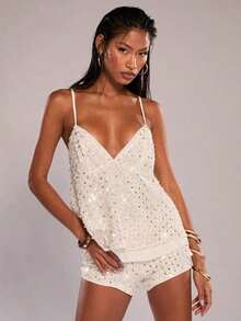 2026 Top de mujer con tirantes de lentejuelas de color marrón oscuro con cuello en V profundo y unicolor, camiseta interior de mujer con lentejuelas, camiseta interior de otoño/invierno, para ocasiones de fiesta y cóctel - Blanco 2 - Ver 6