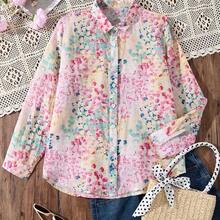 Fashion Women's Clothing Blusa de lino con estampado floral de tipo ditsy en colores de macaron, blusa suelta y ligera versátil para mujeres en primavera y vacaciones - Rosa Fucsia - Ver 7