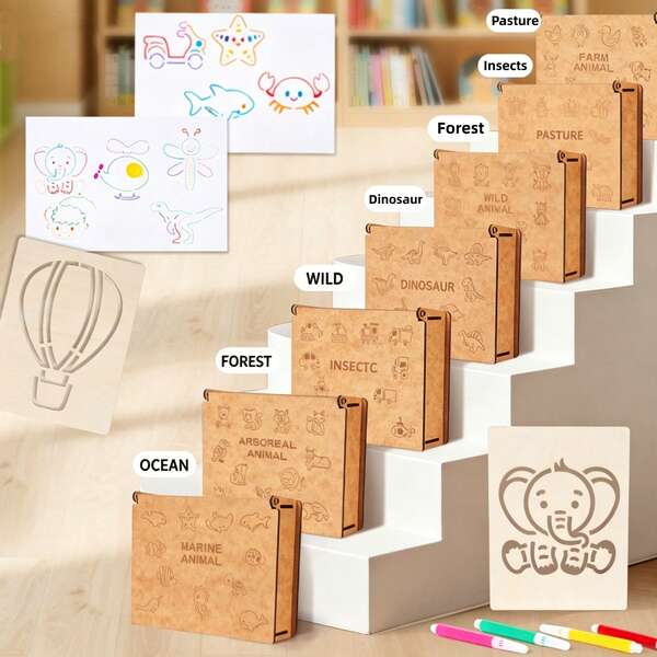Kids'wooden Stencil Drawing Template Gift Box, A Multi-Pattern Graffiti Tool Set For Parent-Child DIY Crafts. Great As Preschool Art Teaching Aids, Perfect As Holiday Gifts.