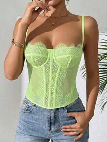 1 Piece Women's Lace Trim Fitted Crop Top, Sexy Tight Corset Top, Suitable For Party, Travel, Gathering, Christmas, Valentine's Day, Casual Summer, Black - 淺綠色 - 查看 1