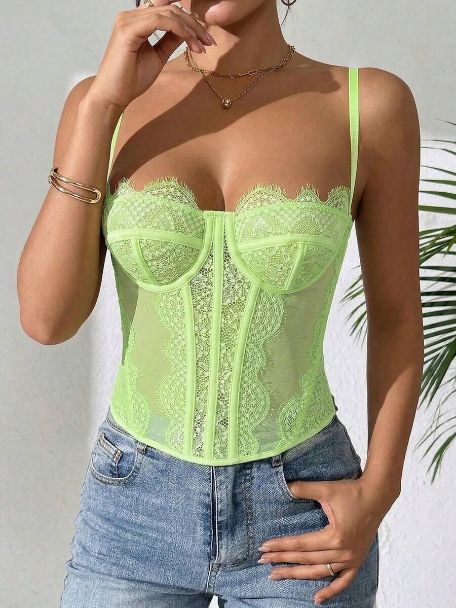 1 Piece Women's Lace Trim Fitted Crop Top, Sexy Tight Corset Top, Suitable For Party, Travel, Gathering, Christmas, Valentine's Day, Casual Summer, Black - 淺綠色 - 查看 1