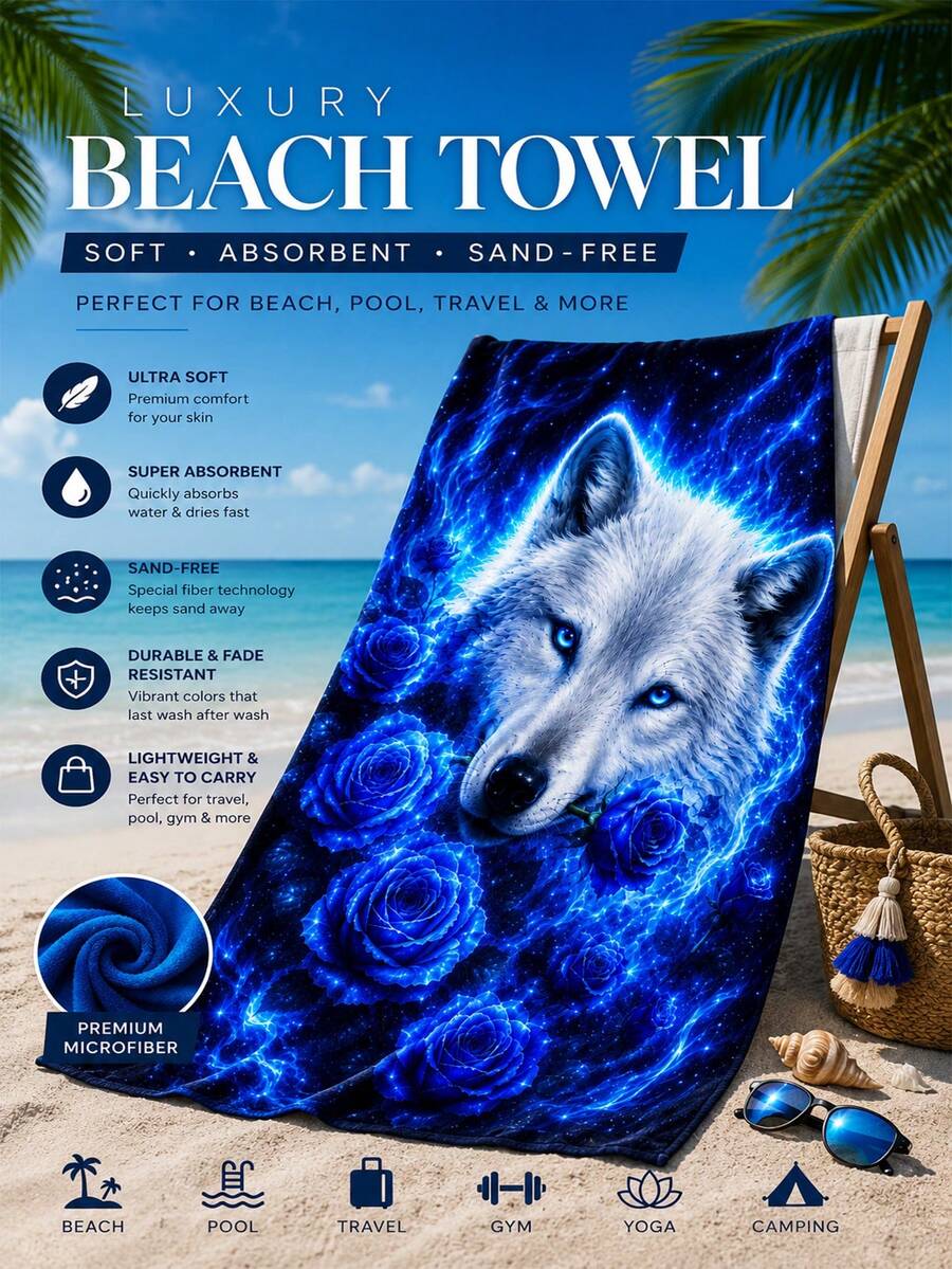 Toalha de praia com lobo branco néon azul e rosas azuis, impressão artística de animal místico de fantasia galáctica em microfibra, toalha de piscina ultra absorvente de secagem rápida e sem areia, toalha extragrande para fãs de vida selvagem 180x90cm/160x80cm/140x70cm, toalha macia, leve, durável e sem desbotamento para homens, mulheres e adolescentes, toalha de secagem rápida para praia, piscina, campismo, férias de verão, presente único para amantes de lobos & entusiastas de arte de fantasia, toalha multiusos - 1 toalha de praia - Ver 1