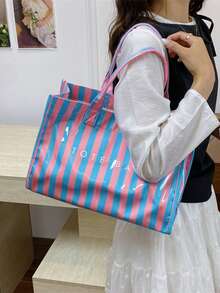 Fashionable College Style Large Capacity Tote Bag - Lightweight PVC And Kraft Paper Material, Hook And Loop Closure Design, Women's Fashion - Multicolor - View 2
