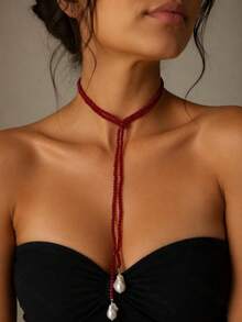1pc French Elegant Retro Niche Design Asymmetric Pearl Crystal Necklace, Versatile Long Collarbone Chain, Suitable For Daily, Party, Travel And Other Occasions - A - View 4