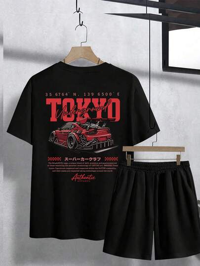 Plus Size 2pcs Set: Men's Tokyo Underground Racing Print T-Shirt & Shorts 2pcs Set, Casual Crew Neck T-Shirt & Drawstring Shorts Set