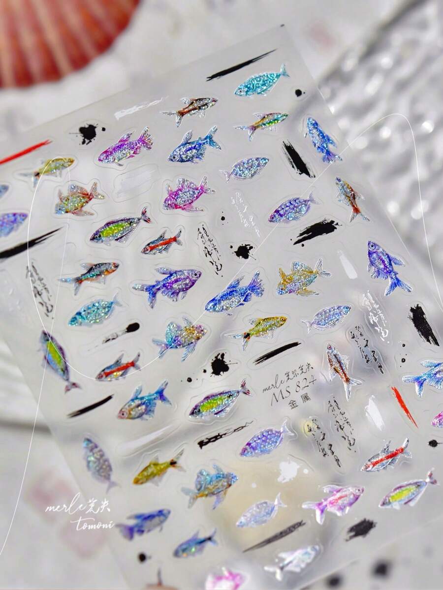 1件裝可愛海洋生物3D浮雕海豚與章魚美甲貼紙,3D水晶美甲貼花,防水女性美甲藝術貼紙 - 彩色 - 查看 1