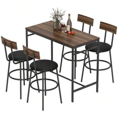 5-Piece Bar Table Set With 4 Chairs, Industrial Style, For Kitchen Or Dining Room, Wood, Steel, Brown