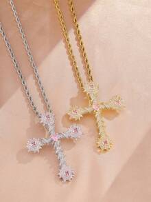 1pc Minimalist Vintage Cross Pink Zirconia Necklace, Clavicle Chain, Suitable For Christian Women Daily Wear Jewelry Accessory, Gift - Cross - View 7