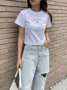 Graphic T-Shirt With Butterfly And Letters - White - View 3