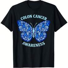 Colorectal Colon Cancer Awareness Blue Ribbon Butterfly T-Shirt - Black - View 1
